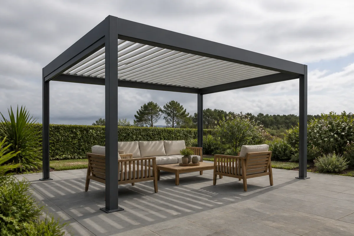 Pergola en aluminium posée au-dessus d&rsquo;une terrasse en dalles, structure ouverte sans parois latérales