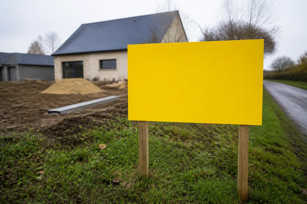 Panneau réglementaire d&rsquo;affichage de travaux planté en limite de propriété devant un jardin en chantier