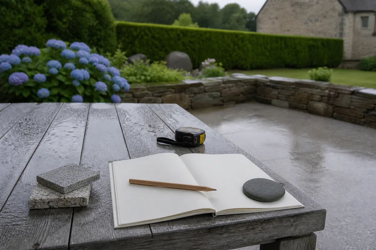 Carnet ouvert et échantillons de béton désactivé posés sur une table de jardin devant une terrasse humide bordée d’hortensias