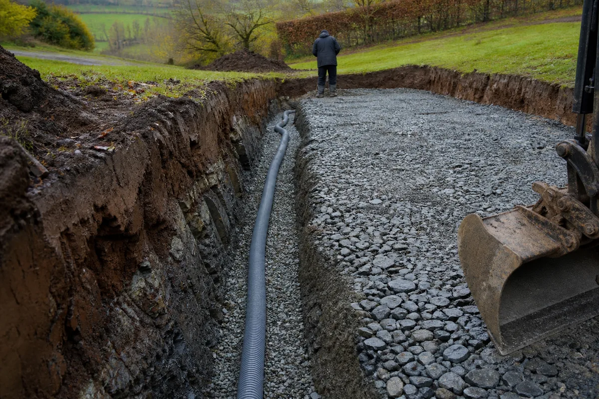Décaissement d&rsquo;une future allée avec drain et couche de forme empierrée dans un jardin breton