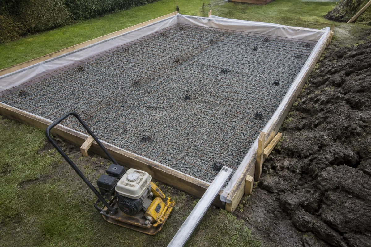 Dalle béton en préparation au fond d’un jardin breton, coffrage bois et treillis soudé posé sur cales