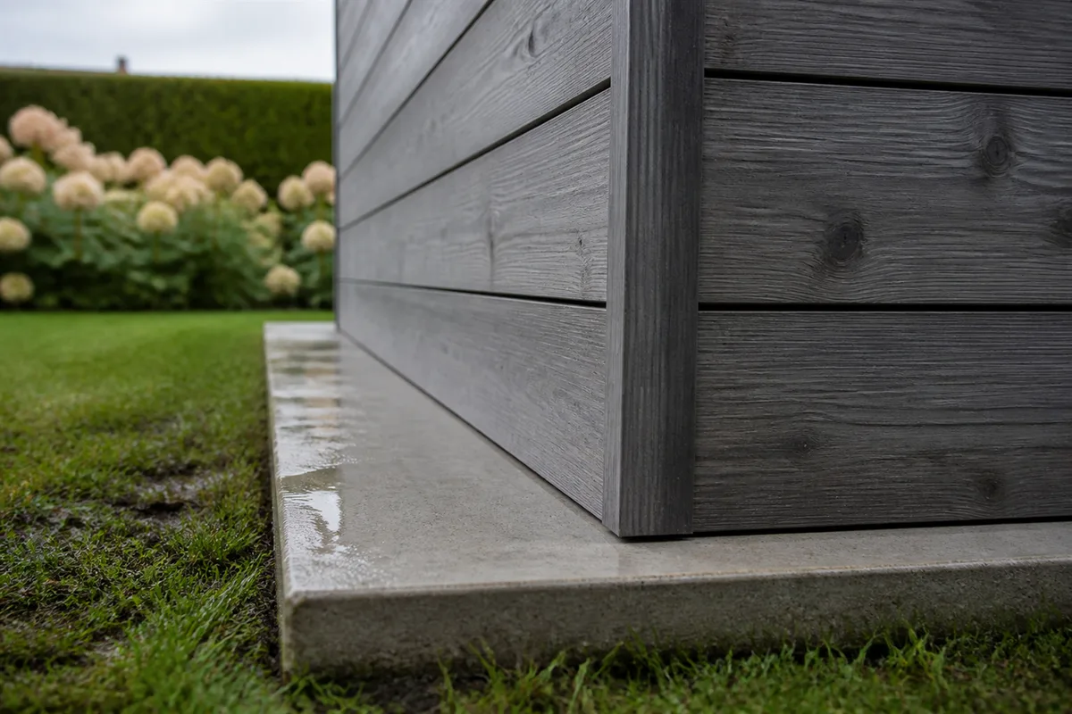Abri de jardin en bois posé sur une dalle béton claire légèrement surélevée, pelouse humide autour