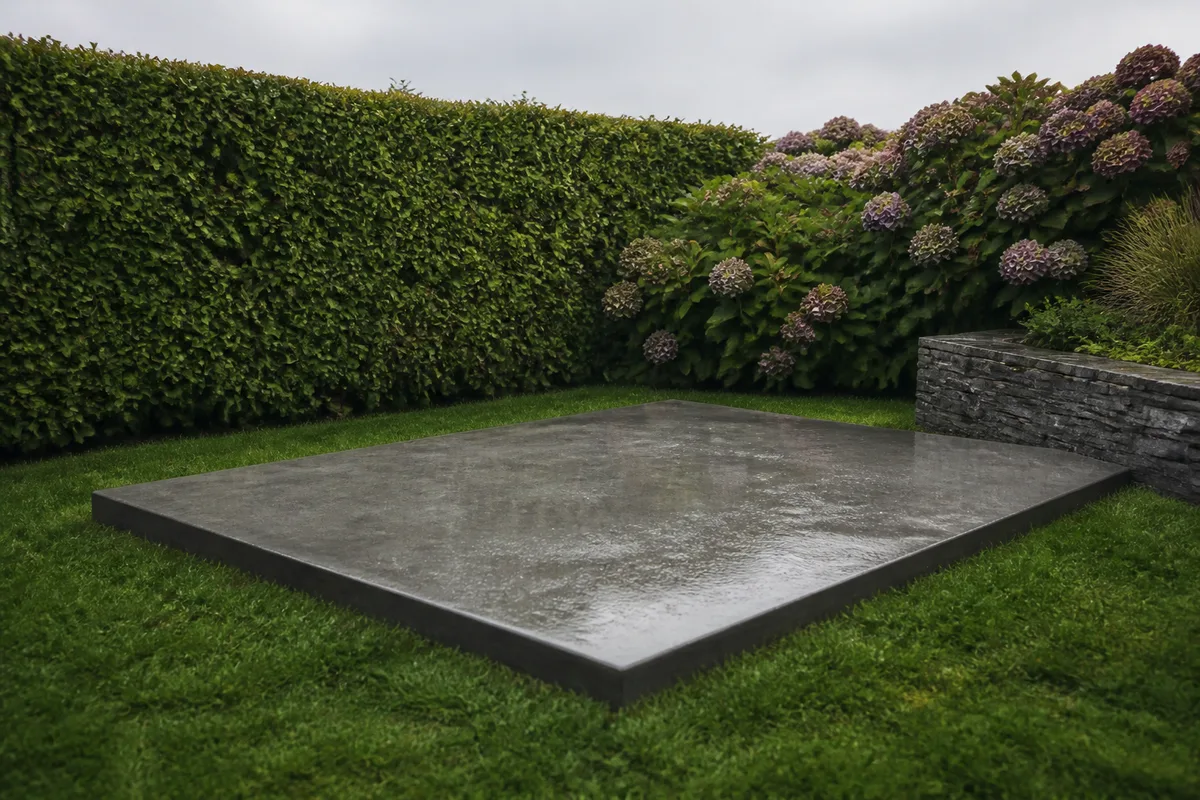 Dalle béton abri de jardin : hérisson, pente et cotes utiles