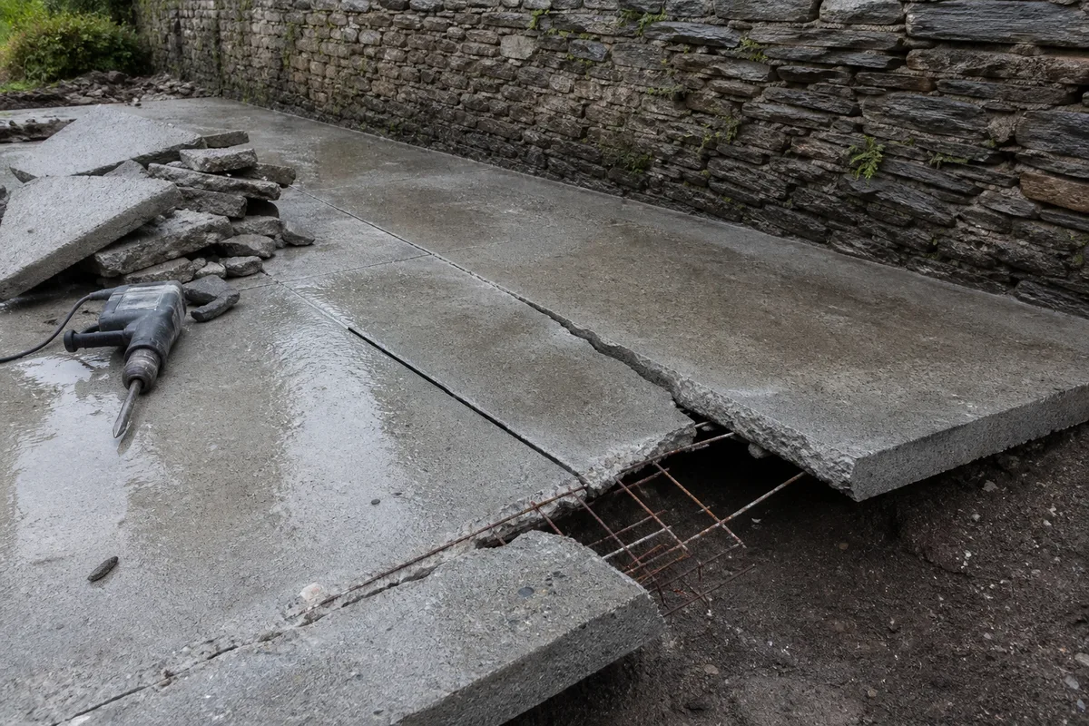 Ancienne dalle de terrasse fissurée en cours de découpe avant dépose devant une maison de schiste