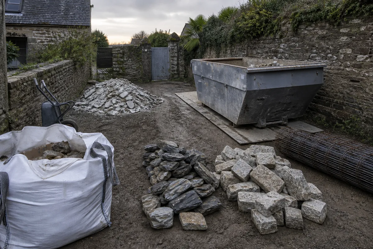 Gravats de béton triés en tas et benne posée sur une cour close avant évacuation