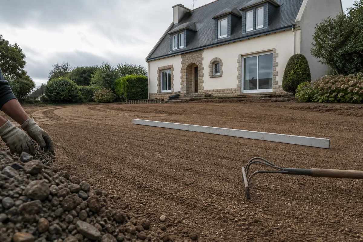 Terrain fraîchement nivelé et roulé avant semis devant une maison néo-bretonne de Bannalec
