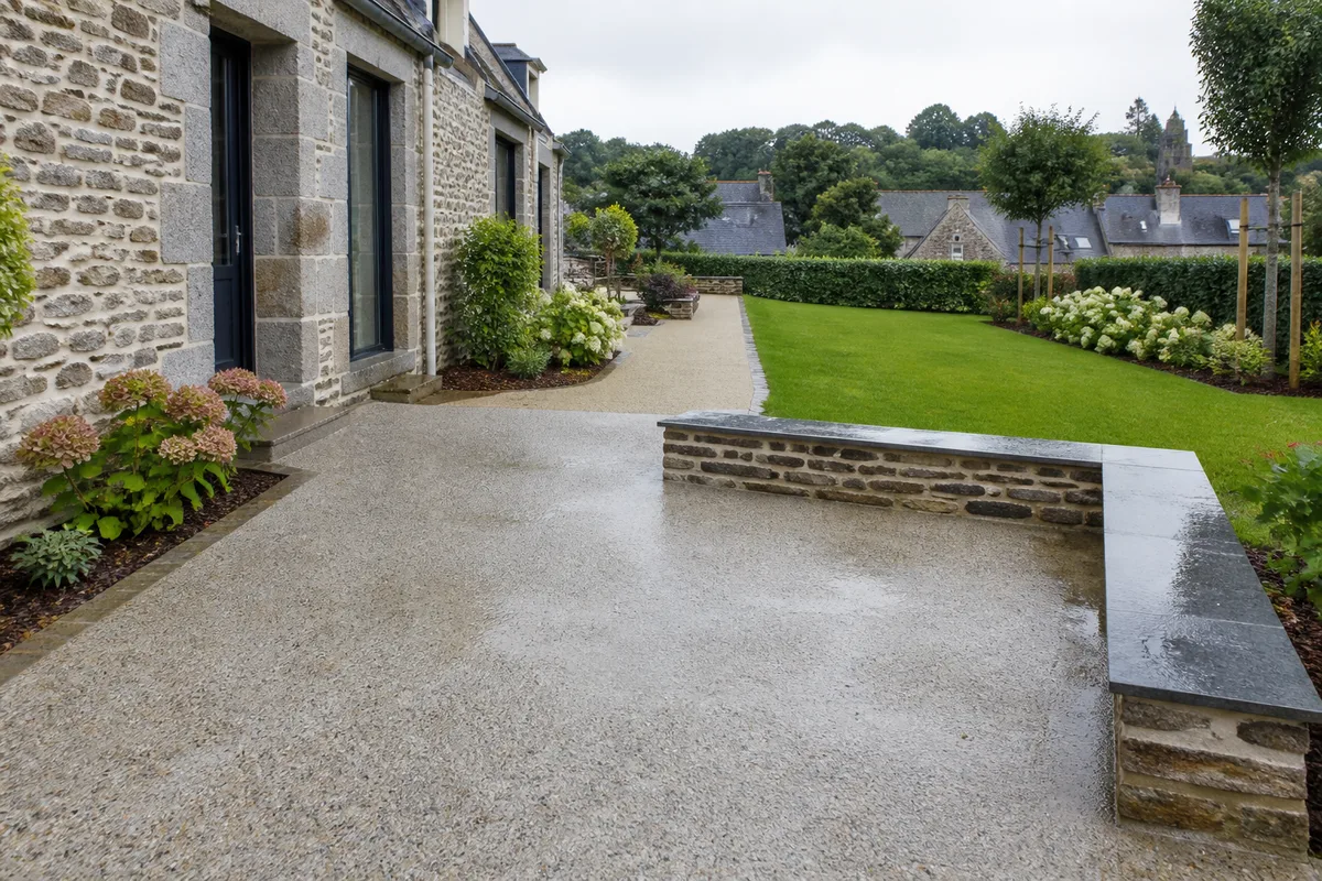 Terrasse en béton désactivé lavée devant une maison en pierre du pays de Quimperlé, avec une allée gravillonnée