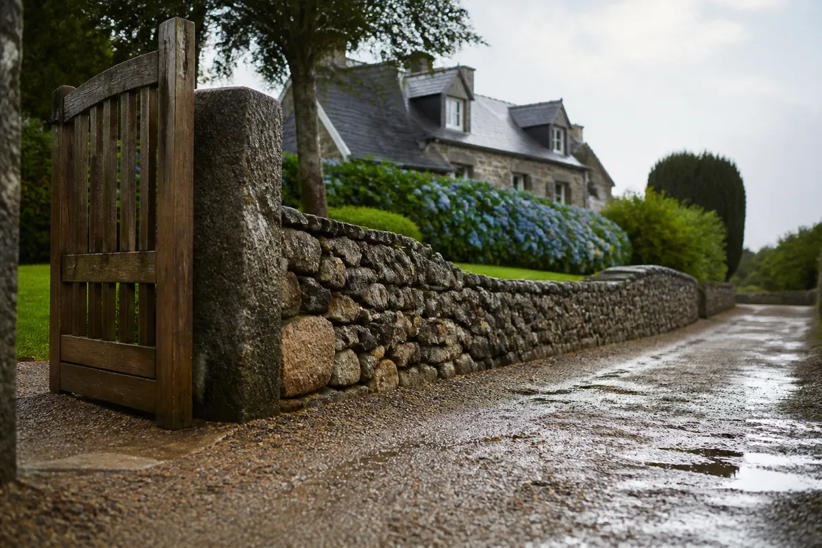 Muret de granit et allée gravillonnée devant une maison bretonne sous un ciel voilé