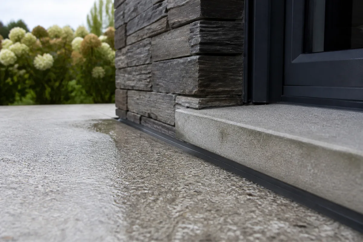 Terrasse en béton désactivé gris clair raccordée au seuil d’une porte-fenêtre, joint souple visible en pied de mur