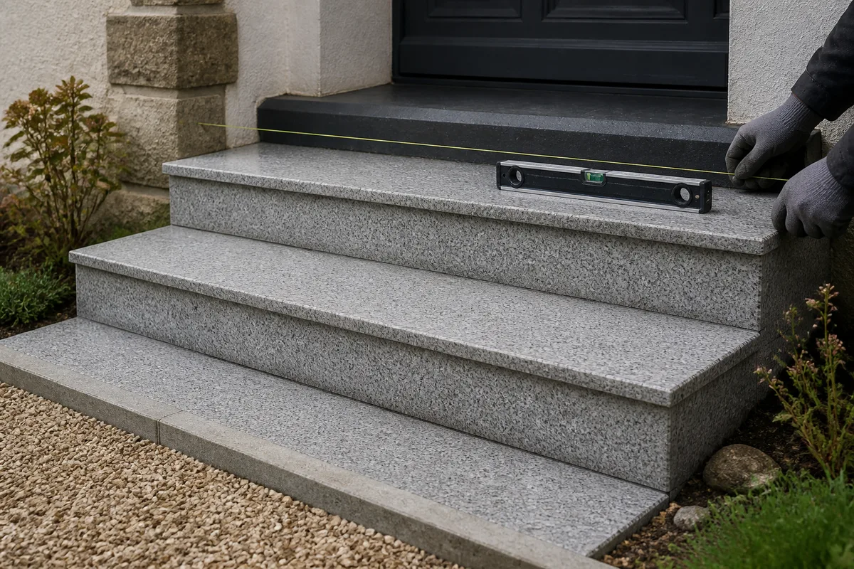 Escalier extérieur de trois marches en granit clair raccordé à une allée de gravillon devant une maison néo-bretonne