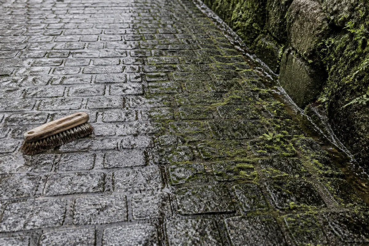 Joints de pavé de granit envahis de mousse sur une venelle en pente, brosse posée au sol après démoussage