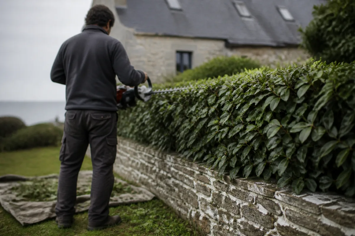 Taille d’une haie de griselinia en limite de jardin, silhouette de dos sous un ciel voilé