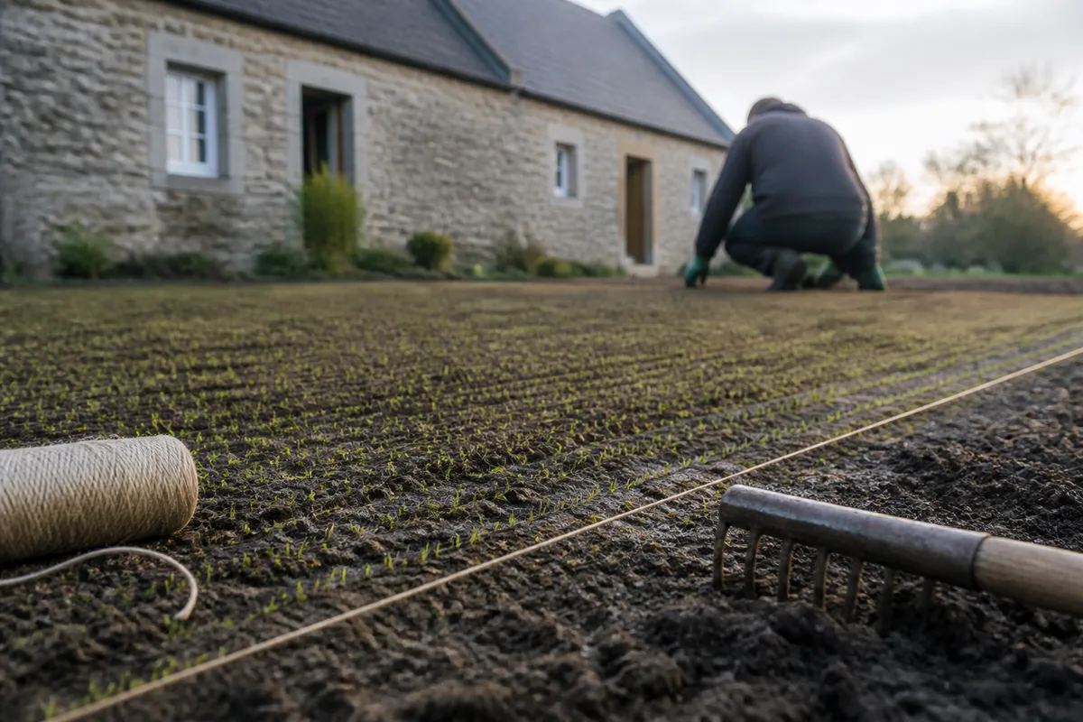 Pelouse fraîchement semée devant une longère en moellon de schiste