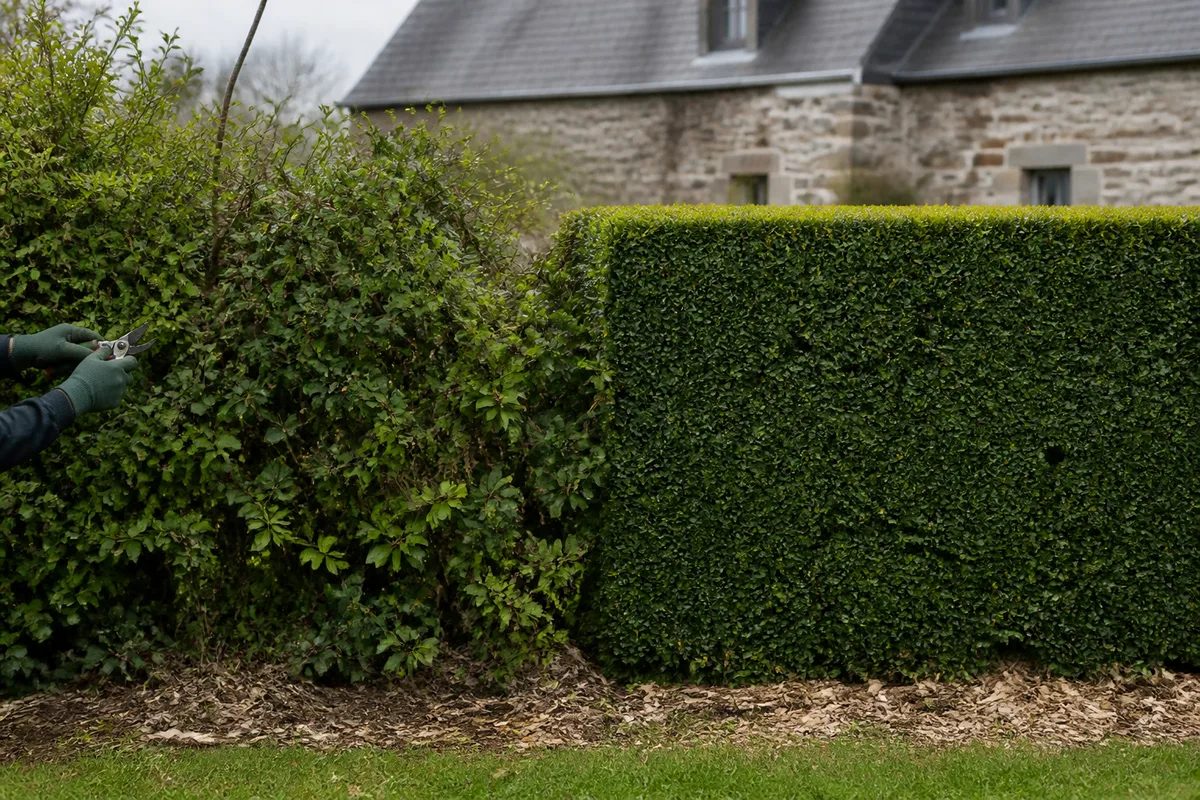 Haie libre d’essences locales et haie taillée voisines en limite de jardin près de Doëlan