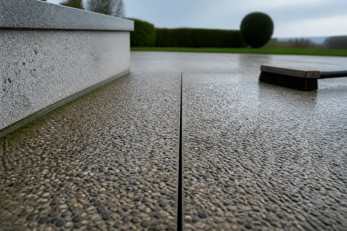 Détail d’un joint de fractionnement sur une terrasse en béton désactivé bordée d’un muret de granit