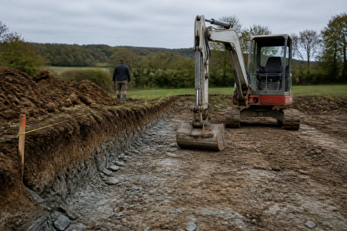 Jardin en pente décaissé à la mini-pelle, plateforme de niveau en cours de réglage devant un talus de schiste