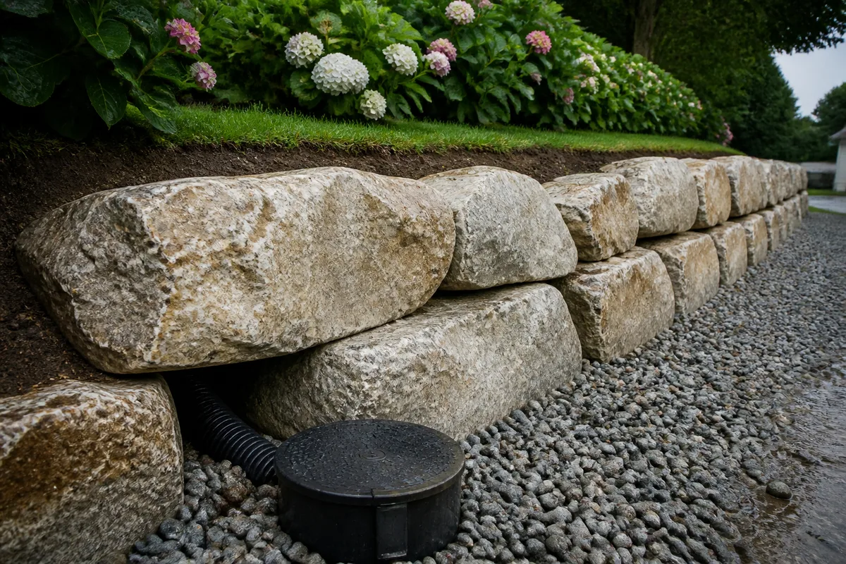 Talus retenu par un enrochement de blocs de granit en pied de jardin, gravier lavé et regard de drainage en partie basse
